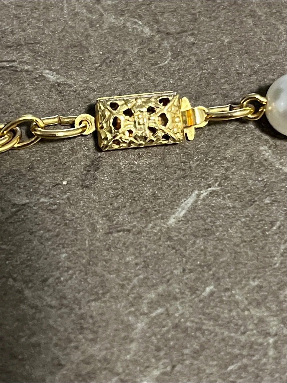 Gold Rope Chain Necklace with White Pearl Accents - nice decorative clasp 12” - Picture 2 of 3